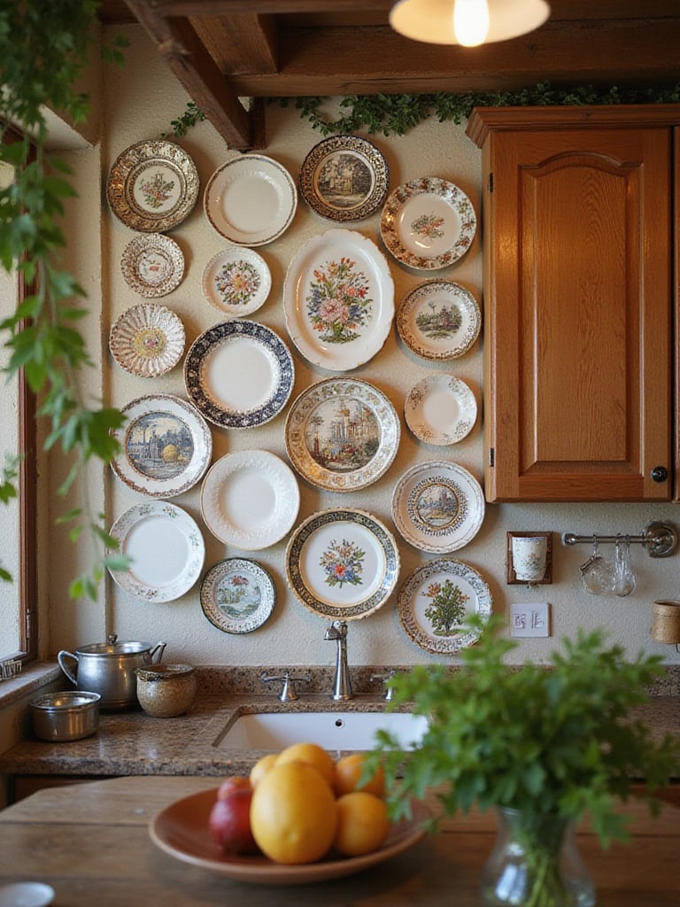Decorative plates displayed on a kitchen wall with warm lighting