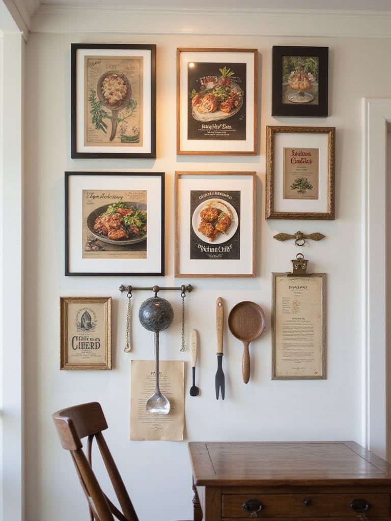 Gallery wall in a kitchen featuring culinary art and decor