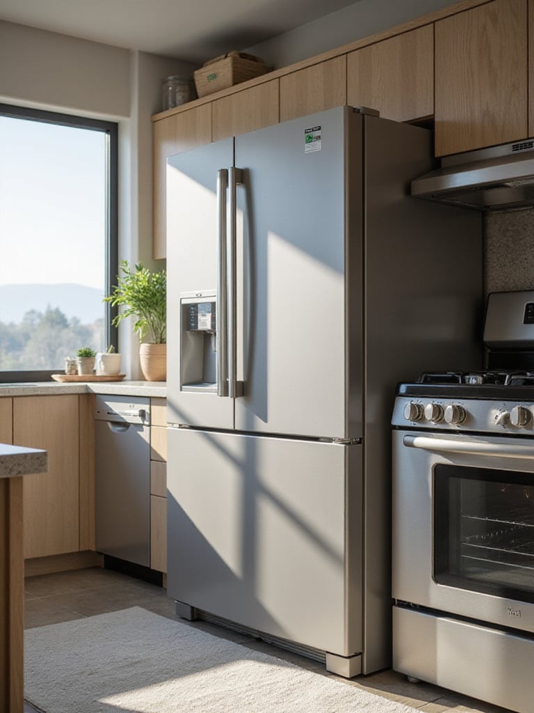 Modern kitchen with energy-efficient appliances including a refrigerator, dishwasher, and oven.