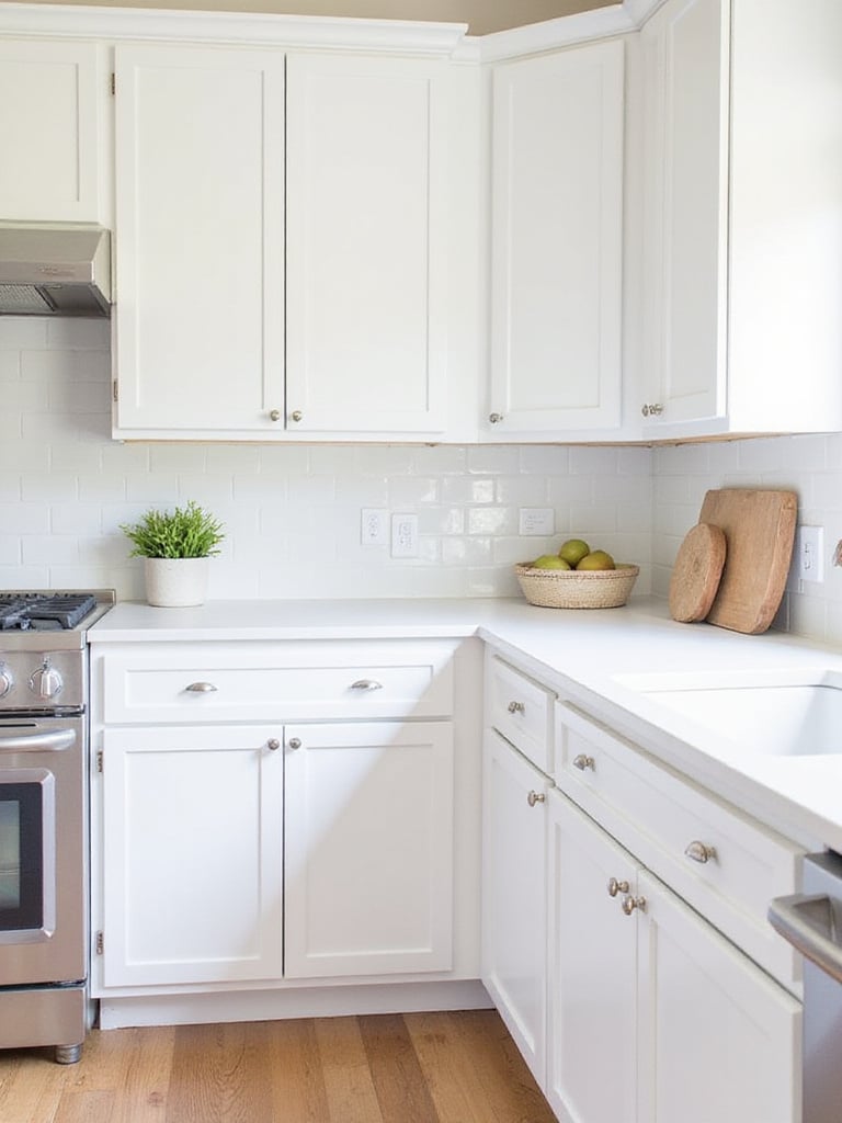 Comparison of DIY painted white cabinets and new white cabinets in an elegant kitchen setting.