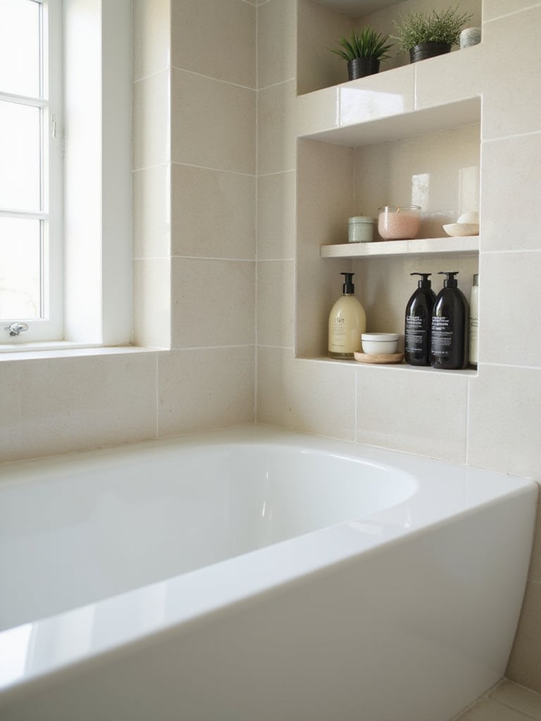 A modern bathroom with recessed niche storage displaying neatly organized bath products.