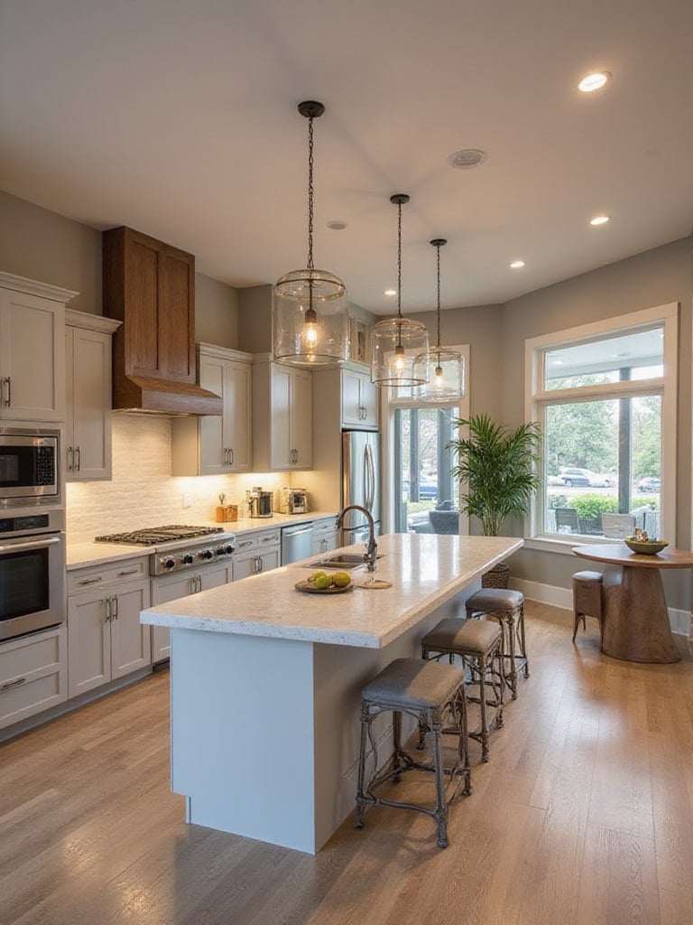Modern kitchen interior showcasing elegant design elements and lighting.