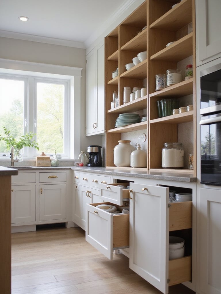 Modern kitchen with smart storage solutions and organized cabinets