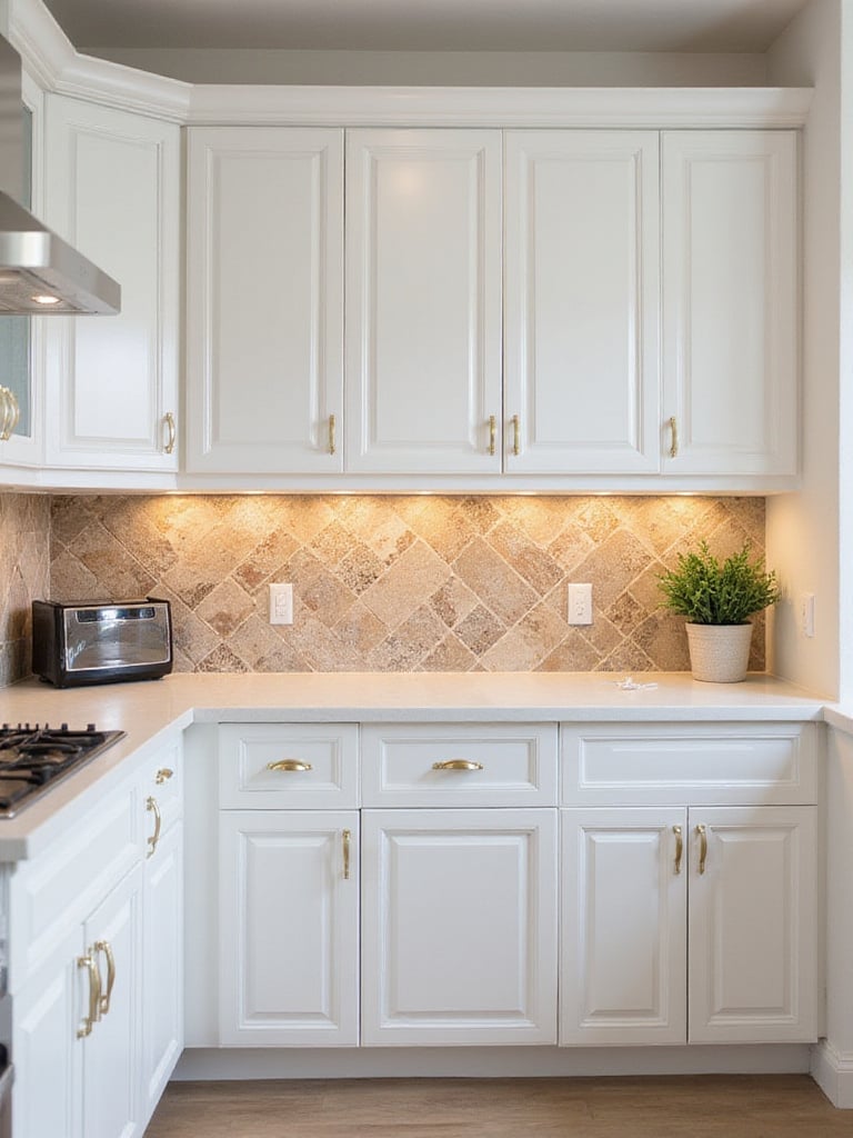 A luxurious kitchen featuring white cabinets and a stunning backsplash that enhances its design.