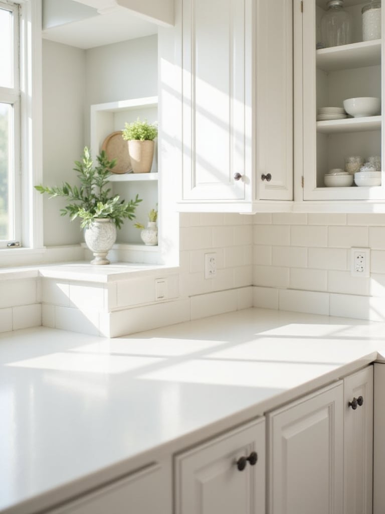 Bright kitchen with white cabinets and organized countertop