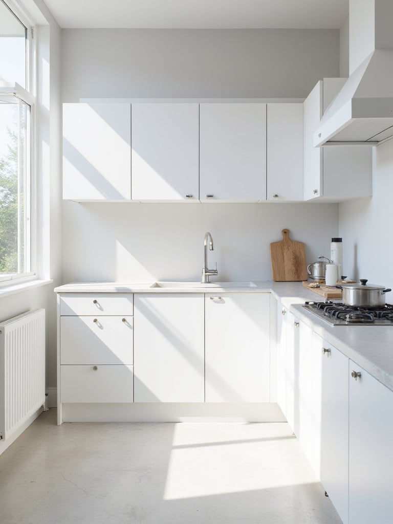 Modern kitchen with white cabinets, showcasing a bright and airy design.