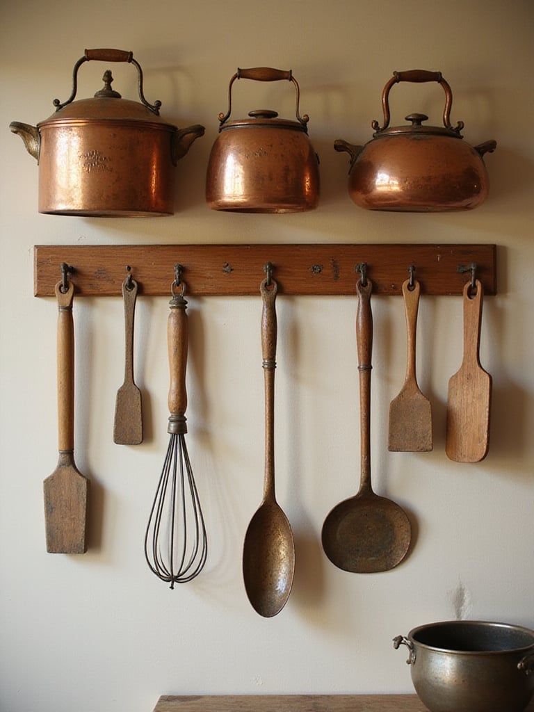 A beautiful display of antique kitchen tools hung on a wall, showcasing vintage craftsmanship.