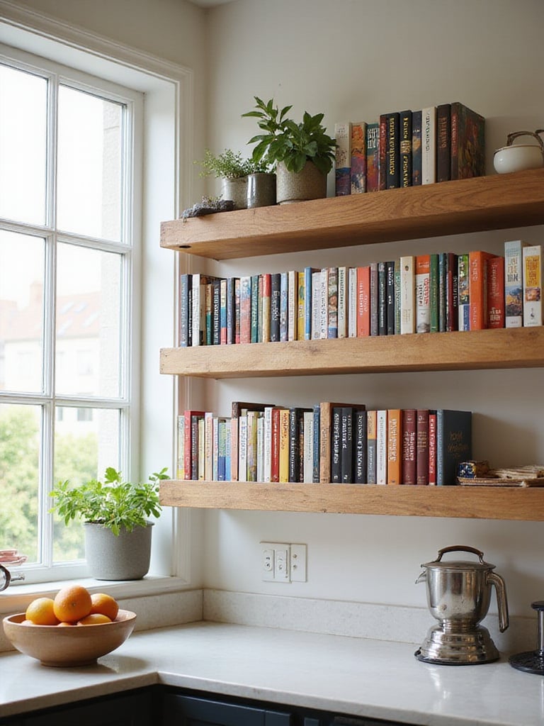 Stylish kitchen with open wall racks displaying colorful cookbooks
