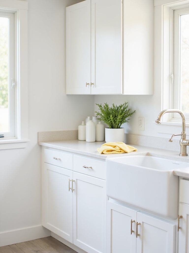 Pristine white kitchen cabinets without stains, showcasing cleaning supplies on the countertop
