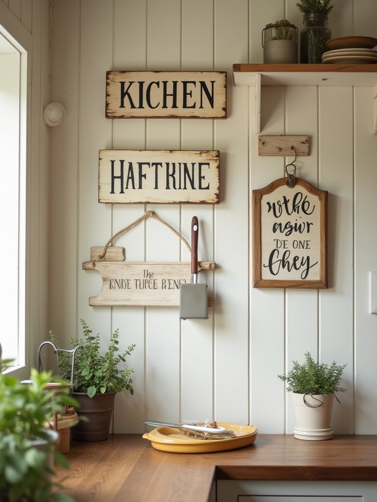 Cozy farmhouse kitchen with decorative signs on the walls