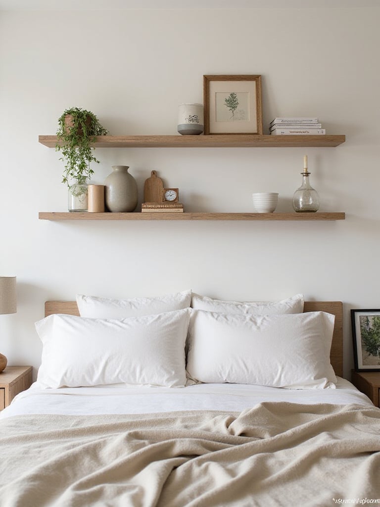 Stylish floating shelves above a bed in a small bedroom