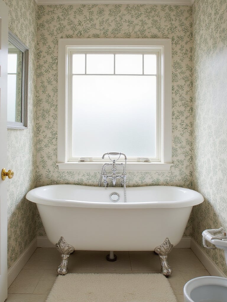 Vintage bathroom with intricate wallpaper and clawfoot tub