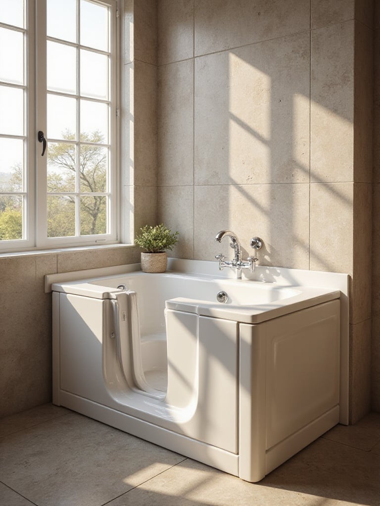 A modern walk-in bathtub in a beautifully designed bathroom, showcasing safety and elegance.