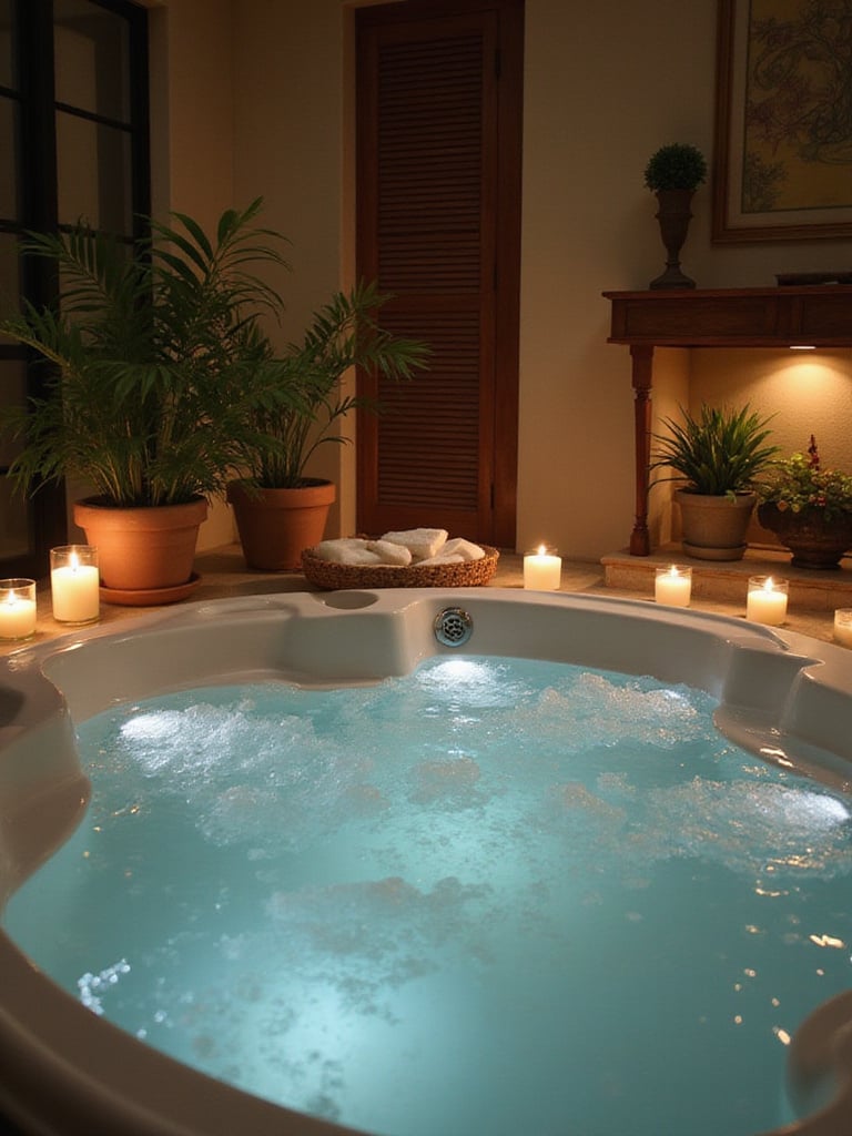 A luxurious air bath in a serene bathroom setting with soft lighting and ambient decor.