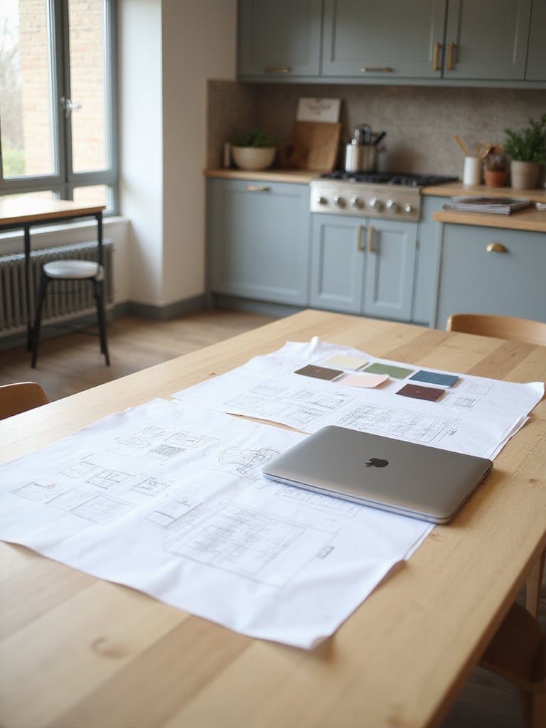 Planning space for kitchen renovation with blueprints and color swatches on a wooden table