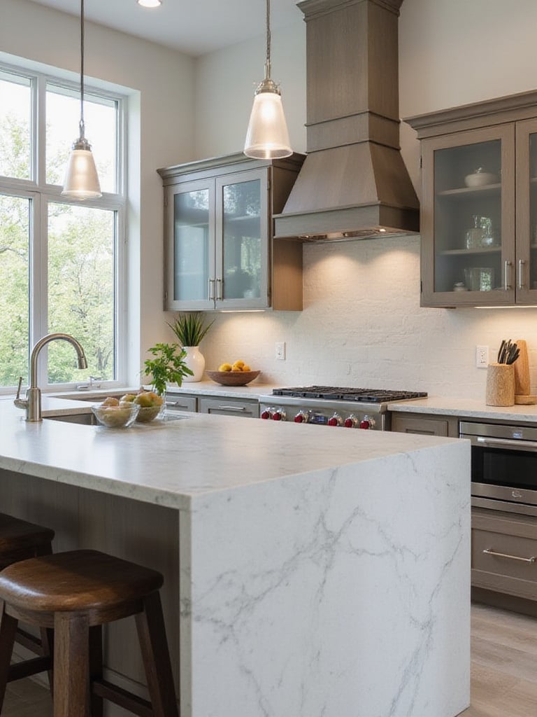 Elegant modern kitchen with a sleek island and high-end appliances, showcasing efficient design.