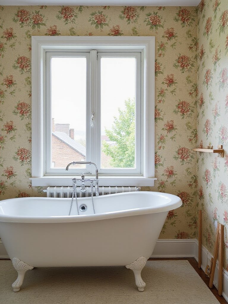 Vintage bathroom with floral wallpaper and clawfoot bathtub.