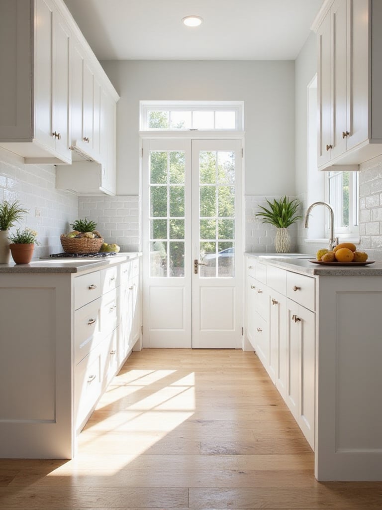 A bright kitchen with white cabinets and beautiful flooring that enhances the overall aesthetic.