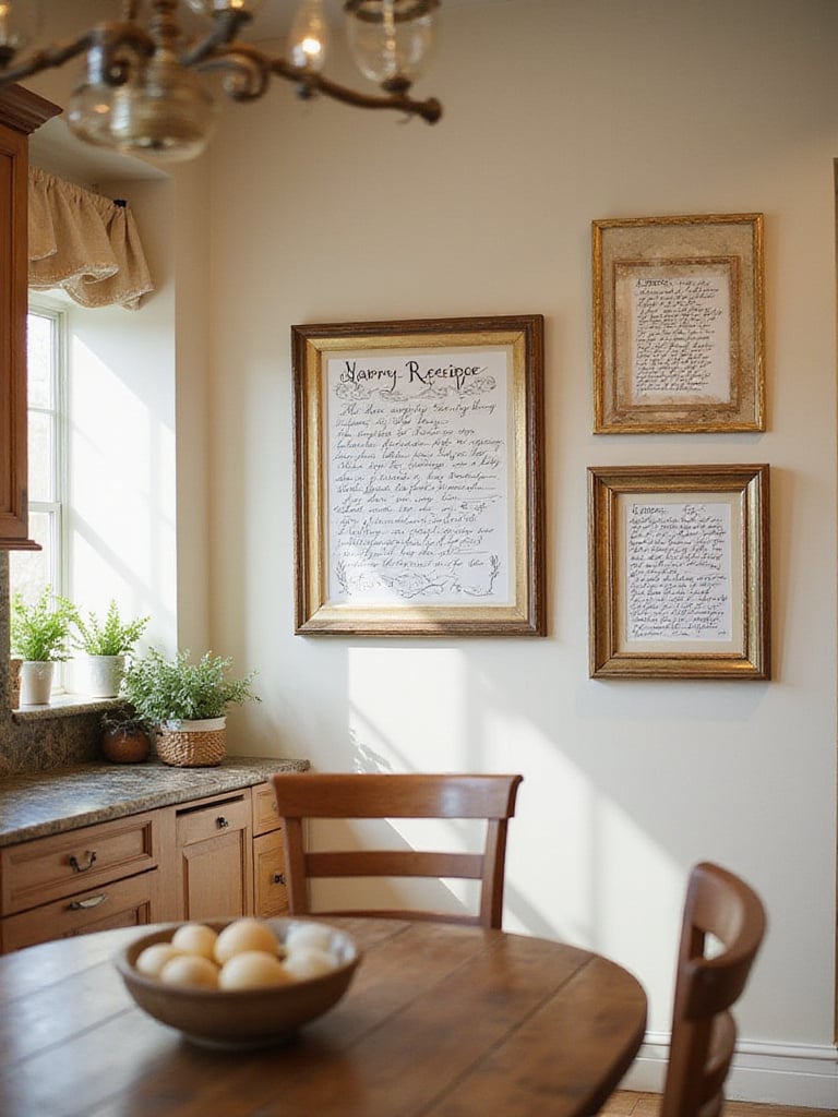 Custom family recipe artwork displayed in a cozy kitchen setting