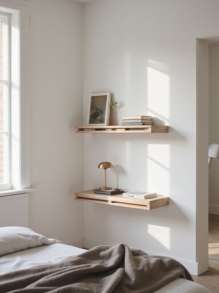A stylish bedroom with wall-mounted floating nightstands beside a bed, emphasizing open floor space.