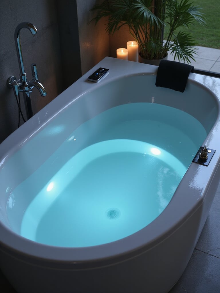 Modern smart bathtub with advanced technology features in a serene bathroom setting