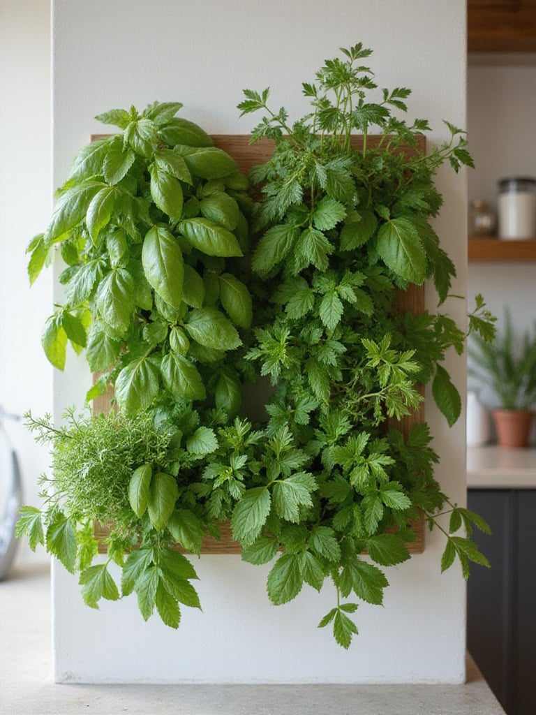 Vertical herb garden mounted on a kitchen wall with fresh herbs.