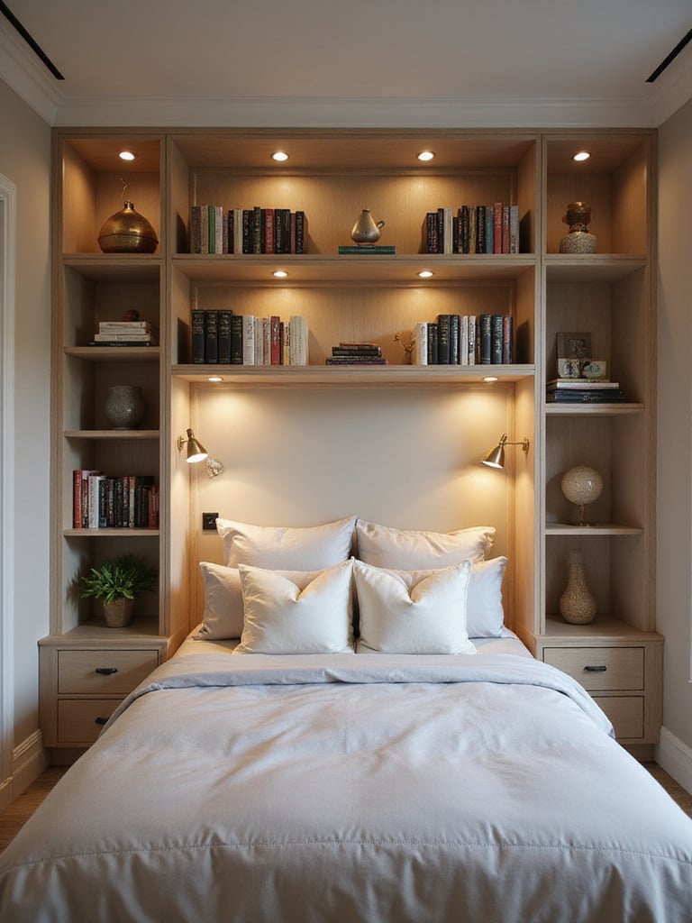 A small bedroom featuring a headboard with built-in shelving and storage, showcasing organized books and decor.