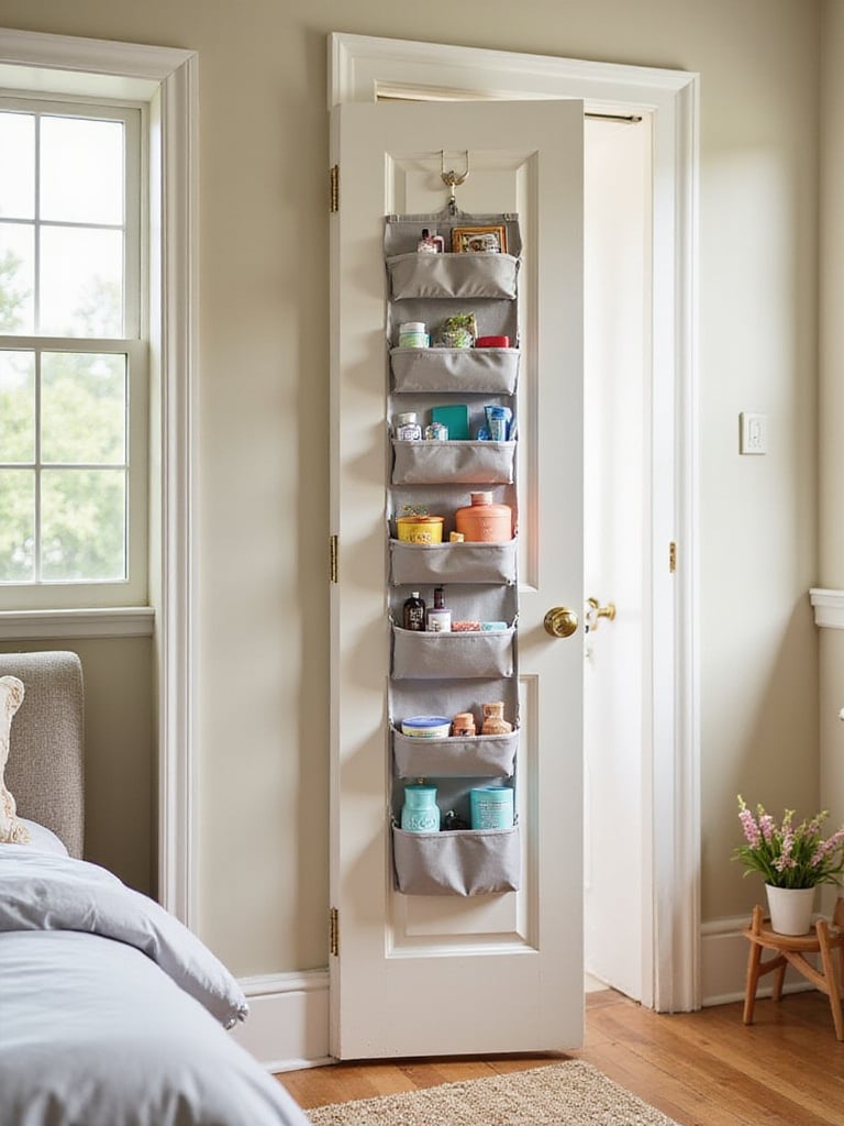 Neatly organized over-the-door storage solution filled with accessories in a stylish bedroom.