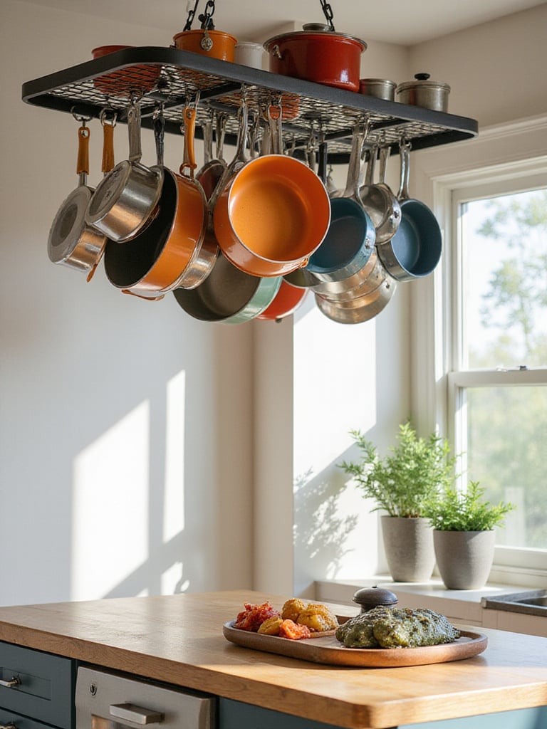 Stylish kitchen with a ceiling-mounted pot rack showcasing colorful cookware.