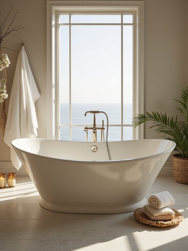 Luxurious extra-deep soaking bathtub in a serene bathroom setting with natural light