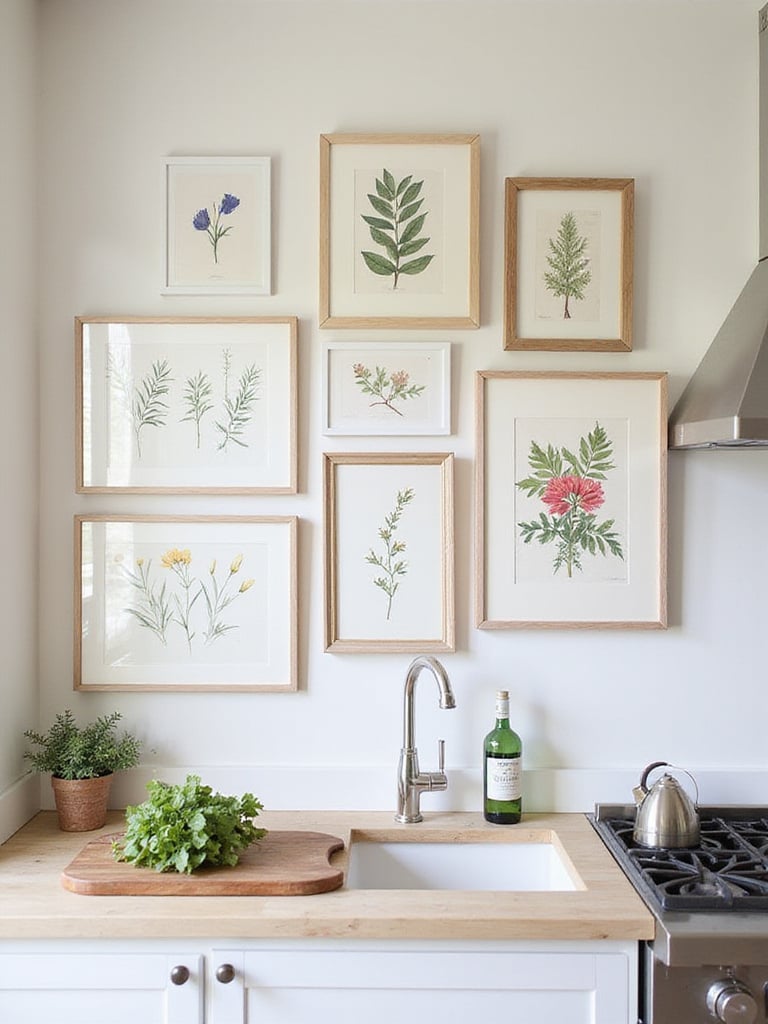 Chic botanical print collection displayed on a kitchen wall