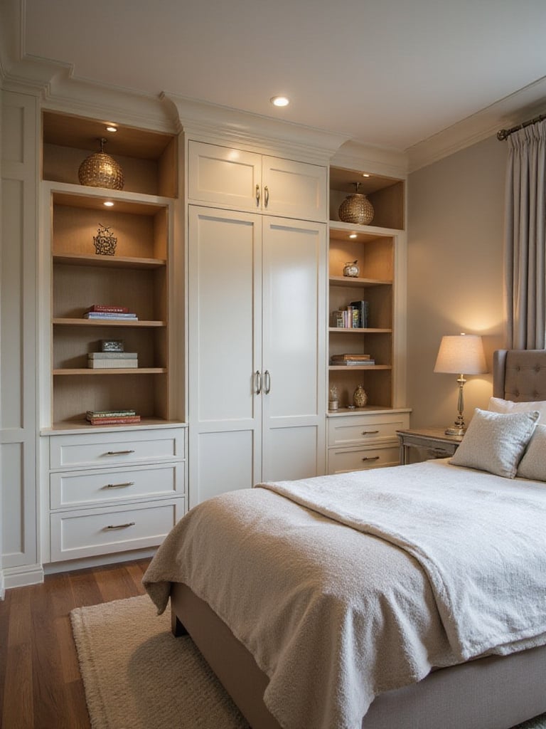 A small bedroom with custom built-ins for seamless storage solutions, showcasing modern design and efficient use of space.