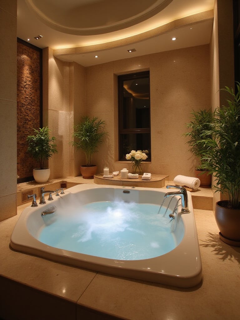 A serene bathroom with a jetted whirlpool tub, surrounded by elegant décor and ambient lighting.