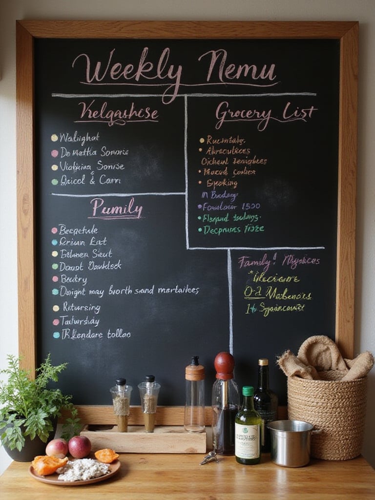 Chic kitchen with a large chalkboard displaying weekly menu and family notes