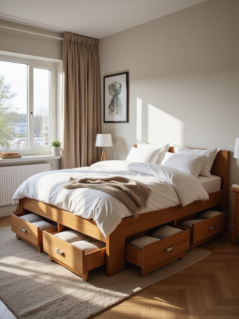Small bedroom with a bed featuring integrated under-storage drawers, showcasing a tidy and organized space.