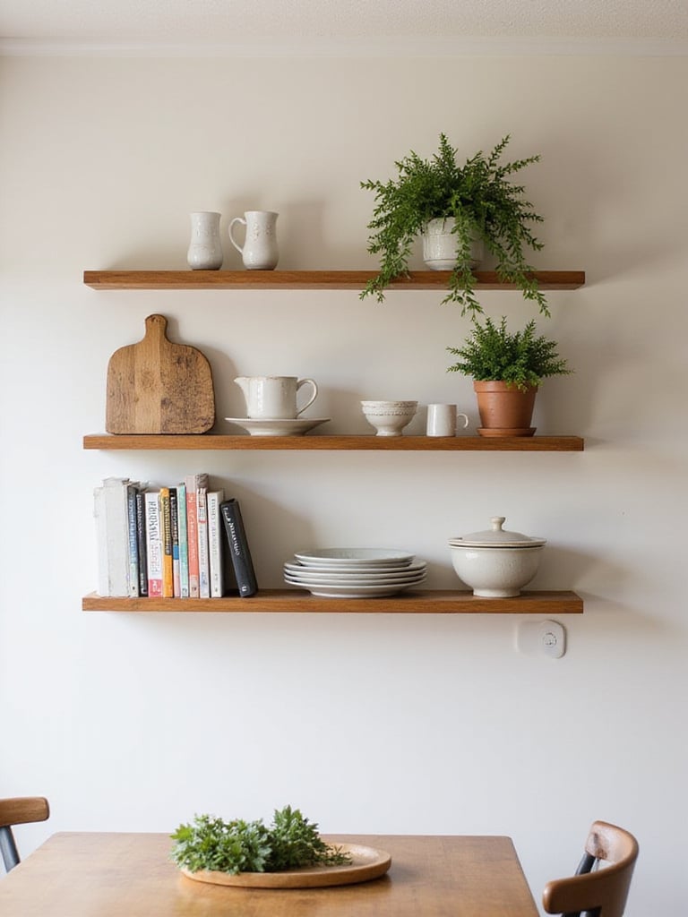 Elegant floating shelves in a stylish kitchen with decorative items and warm lighting.