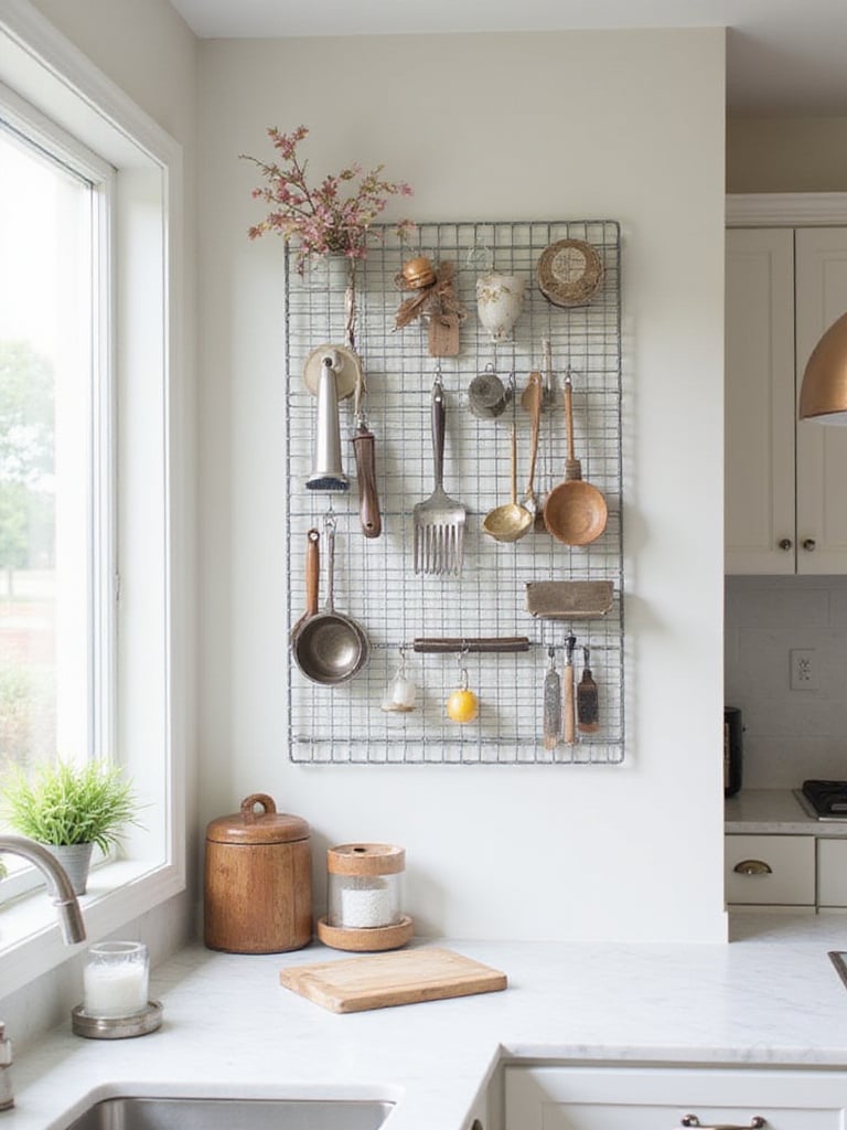 Kitchen wall featuring a wire grid system with organized kitchen tools and decor.