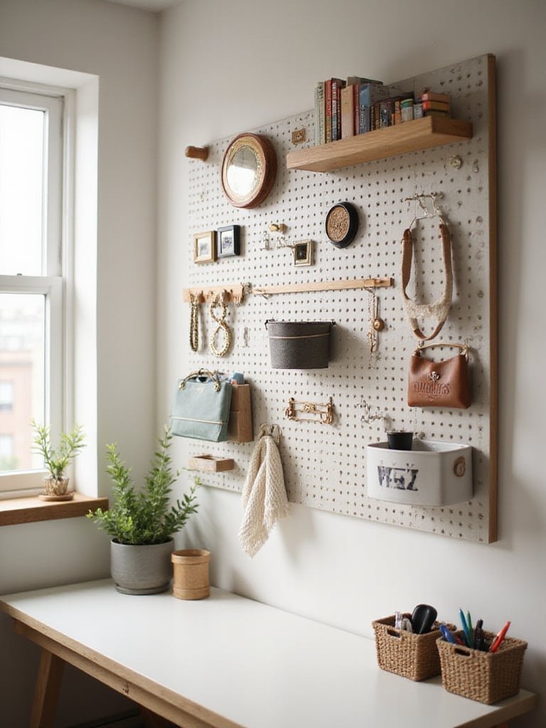 Stylish bedroom with pegboard wall storage above a minimalist desk