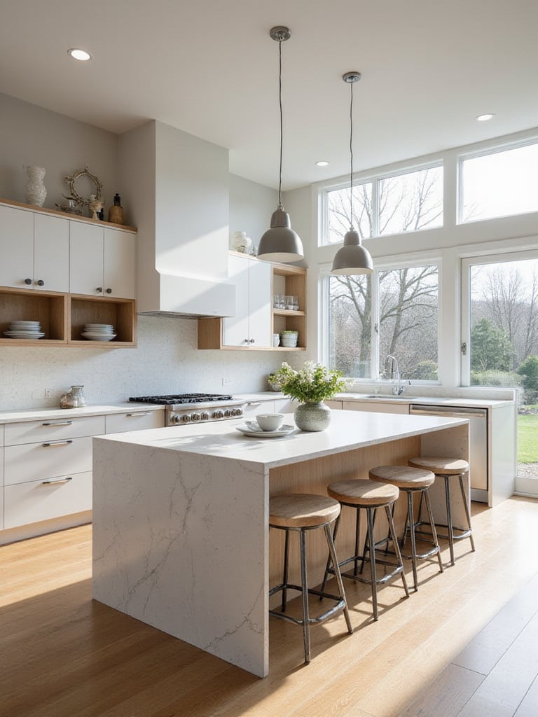 Modern kitchen with a stylish kitchen island at the center, showcasing its functionality and design.