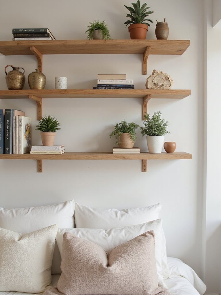 Stylish small bedroom with vertical wall shelves filled with books and decor