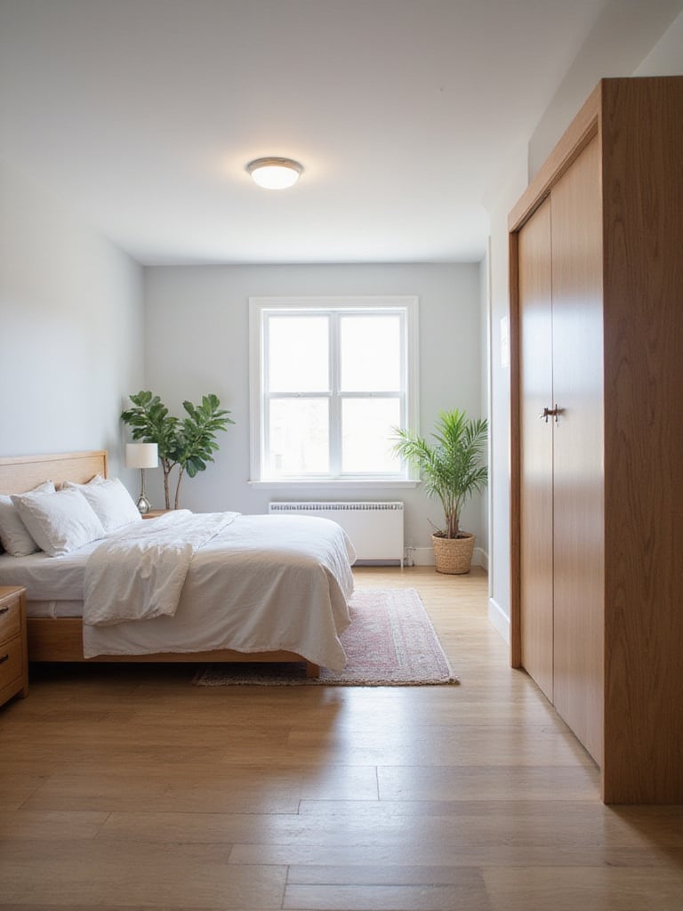 A small bedroom with strategically placed furniture ensuring clear pathways.