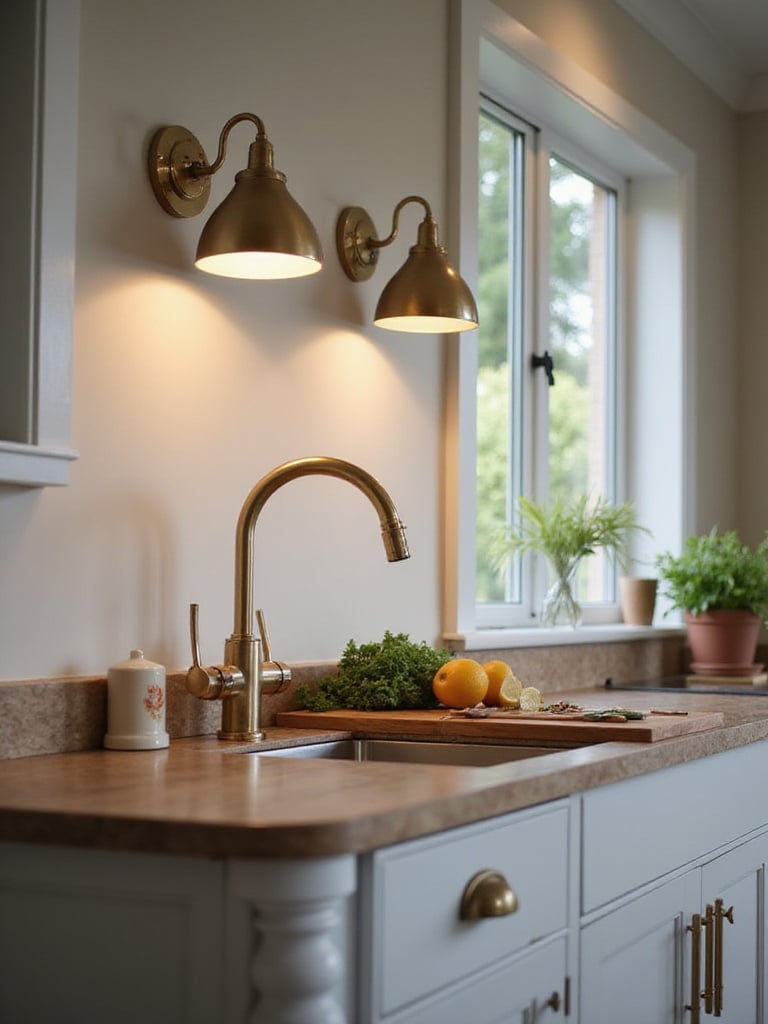 Modern kitchen with wall sconces illuminating task areas over the sink and countertop.