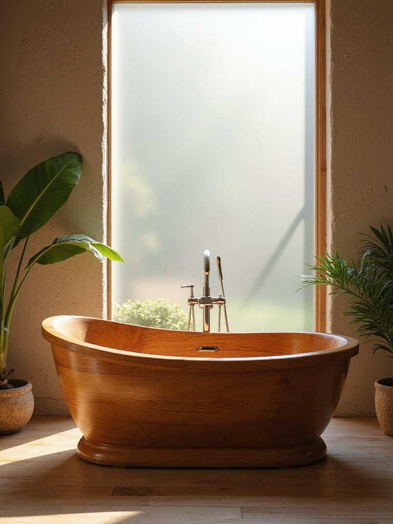 A serene wooden bathtub in a calming bathroom setting, showcasing natural design elements.