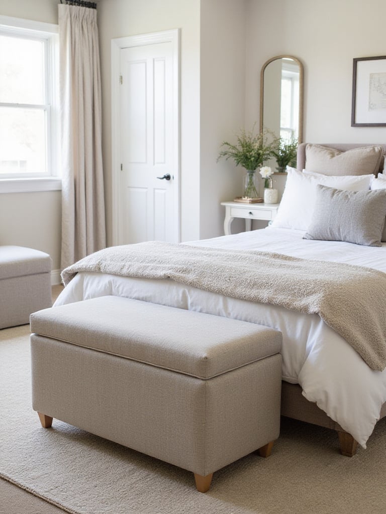 Stylish storage ottoman at the foot of a bed in a cozy bedroom setting.