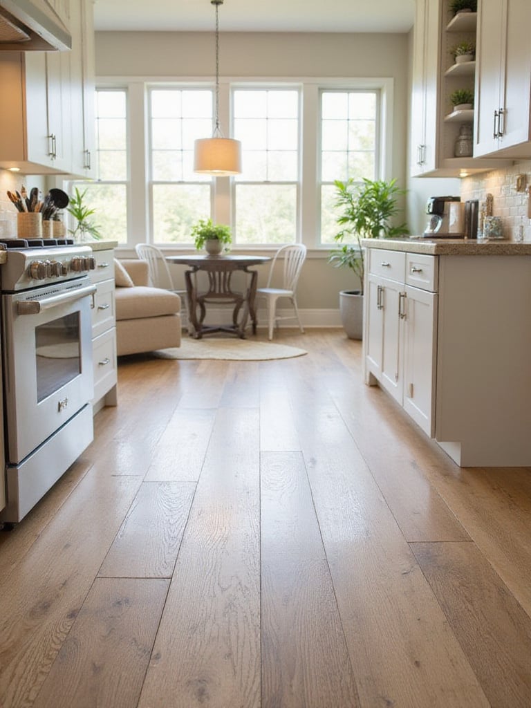 A bright and airy kitchen showcasing durable luxury vinyl plank flooring that mimics distressed hardwood.