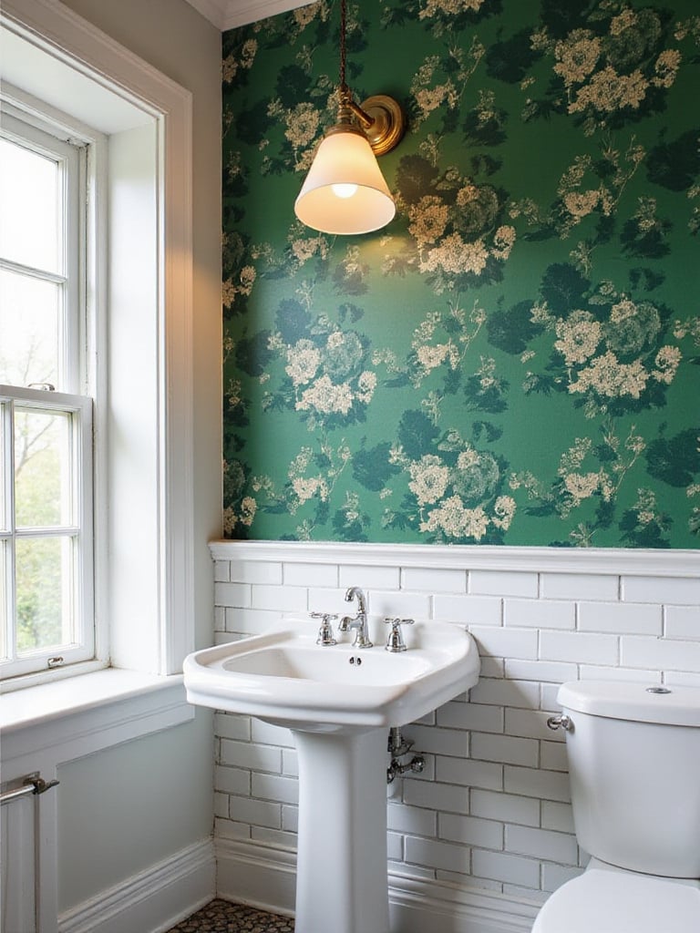 Bathroom featuring a bold accent wall with vintage wallpaper in emerald green floral design.