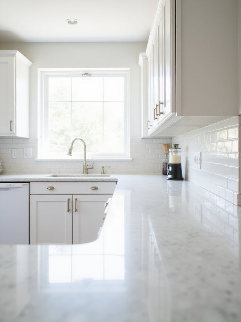 Bright kitchen with white cabinets reflecting natural light