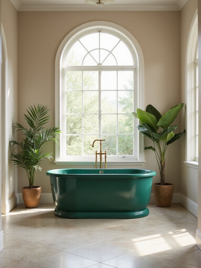 A luxurious bathroom featuring a deep emerald green freestanding bathtub under natural light.