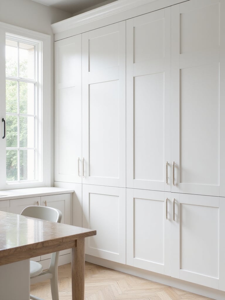 Bright and clean kitchen with spotless white cabinets illuminated by natural light.