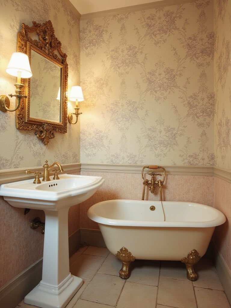 Victorian-era bathroom with elegant wallpaper, clawfoot bathtub, and vintage fixtures.